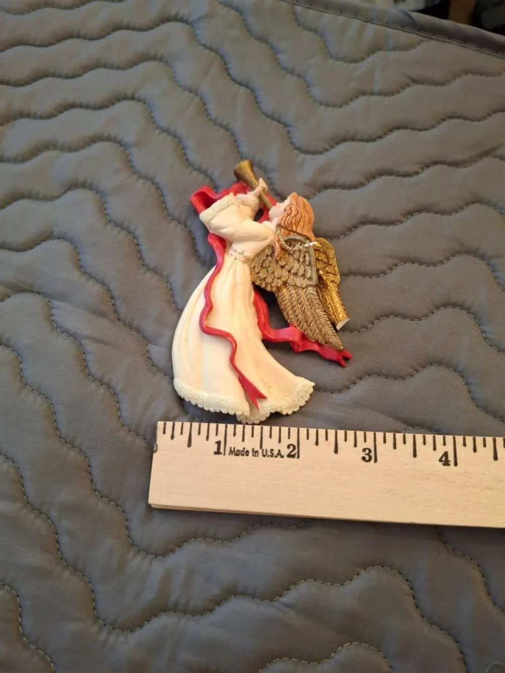 Vintage Flying Angel Trumpet Christmas Ornament Gold Wings Red Ribbon 4.5